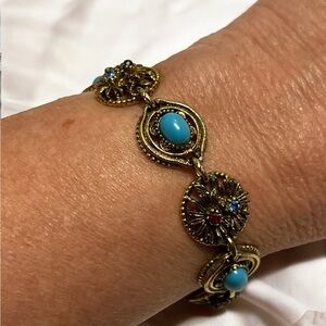 ART Arthur Pepper Antique Gold Tone Blue Cab. & Crystal Bracelet 7”